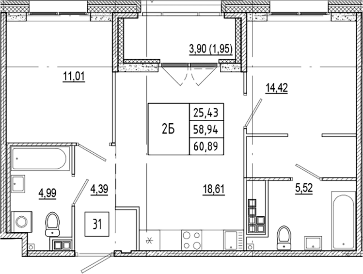 Планировка — Ranta Residence, 3-комн., 59 м²