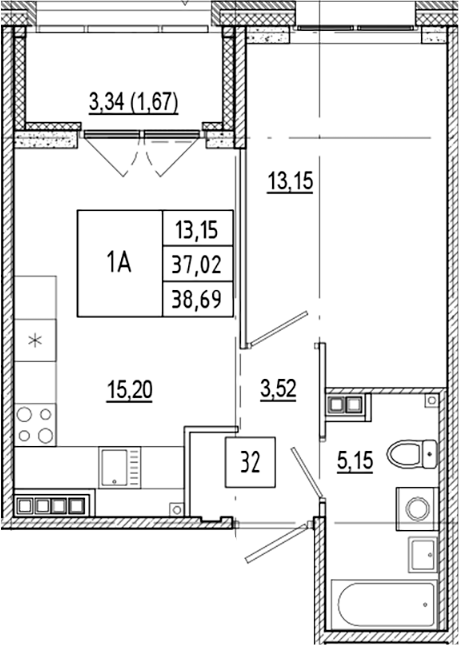 Планировка — Ranta Residence, 2-комн., 37 м²