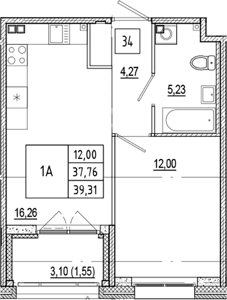 Планировка — Ranta Residence, 2-комн., 38 м²