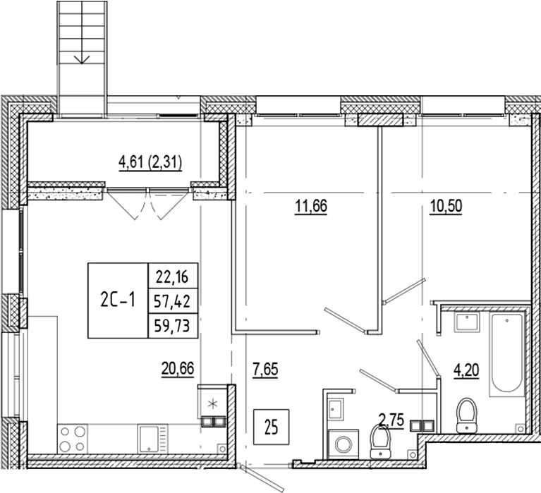 Планировка — Ranta Residence, 3-комн., 57 м²