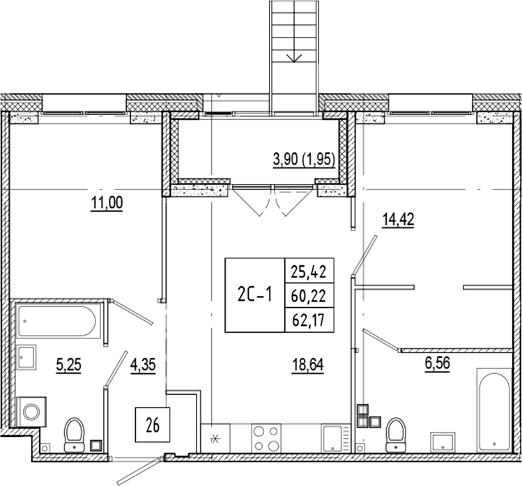 Планировка — Ranta Residence, 3-комн., 60 м²