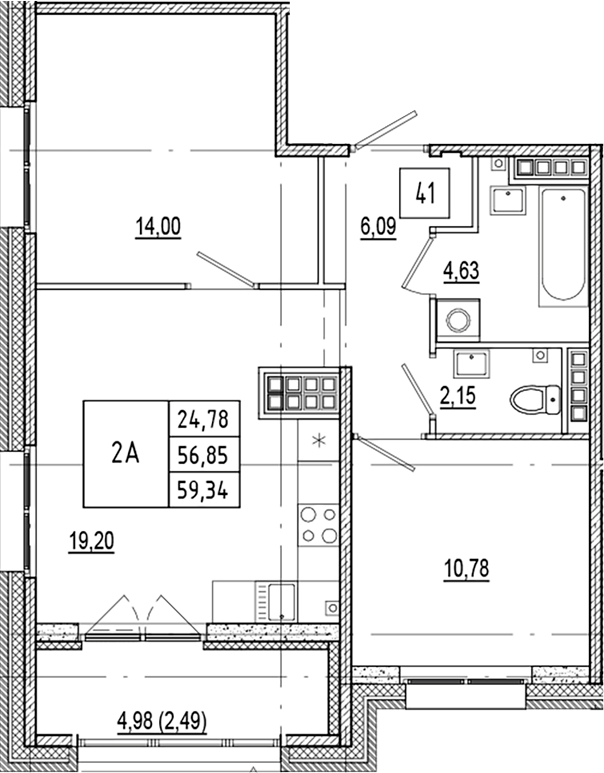Планировка — Ranta Residence, 3-комн., 57 м²