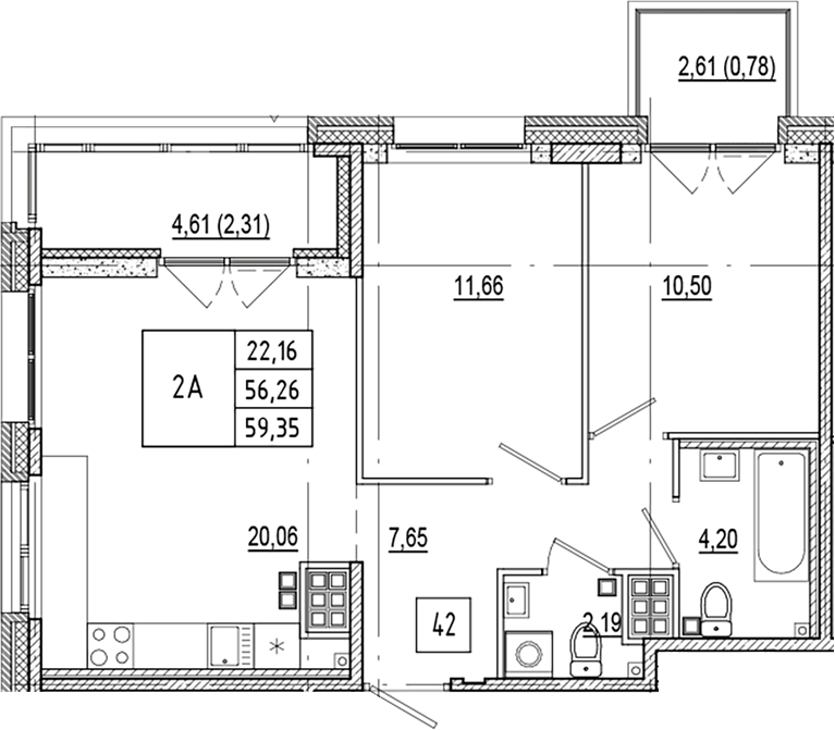 Планировка — Ranta Residence, 3-комн., 56 м²