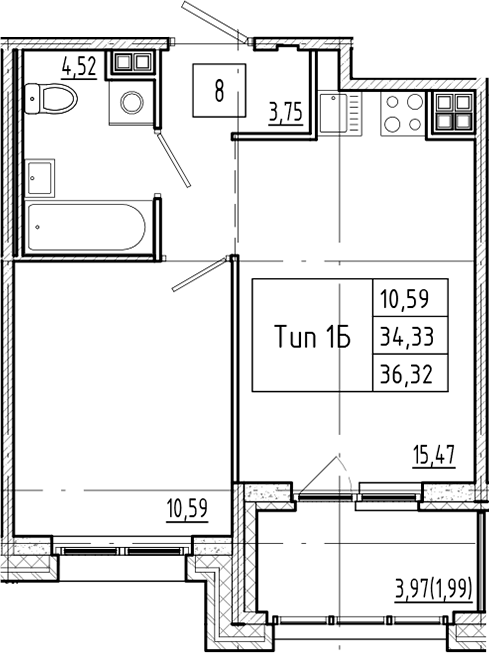 Планировка — Ranta Residence, 2-комн., 34 м²