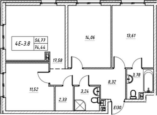 Планировка — Зум на Неве, 4-комн., 74 м²