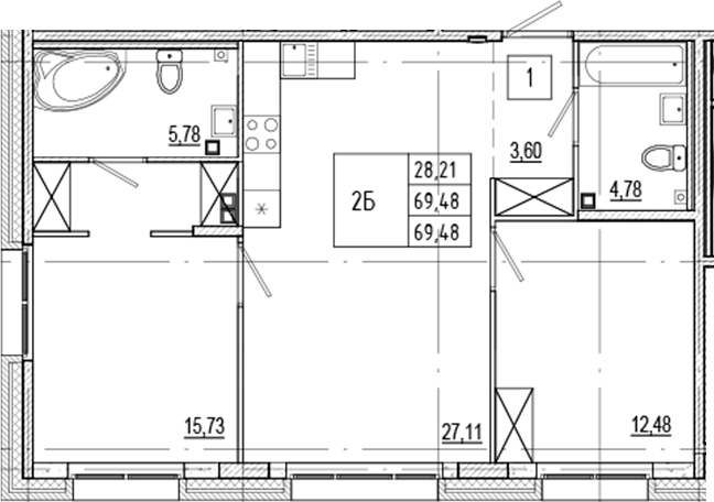 Планировка — Ranta Residence, 3-комн., 69 м²
