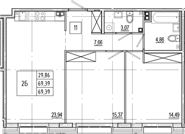 Планировка — Ranta Residence, 3-комн., 69 м²
