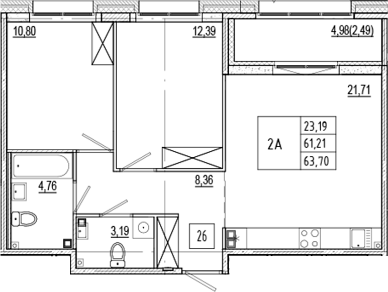 Планировка — Ranta Residence, 3-комн., 61 м²