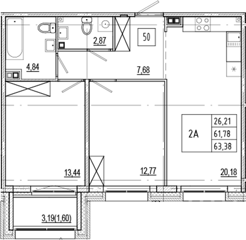 Планировка — Ranta Residence, 3-комн., 62 м²