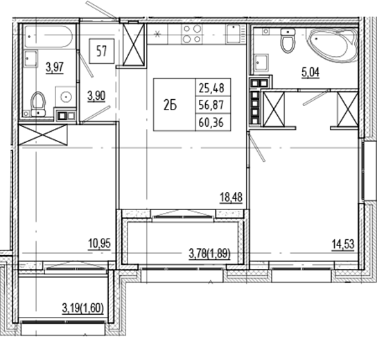 Планировка — Ranta Residence, 3-комн., 57 м²