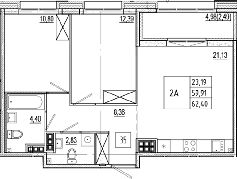 Планировка — Ranta Residence, 3-комн., 60 м²