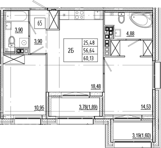 Планировка — Ranta Residence, 3-комн., 57 м²