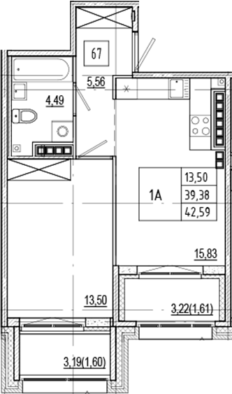 Планировка — Ranta Residence, 2-комн., 39 м²