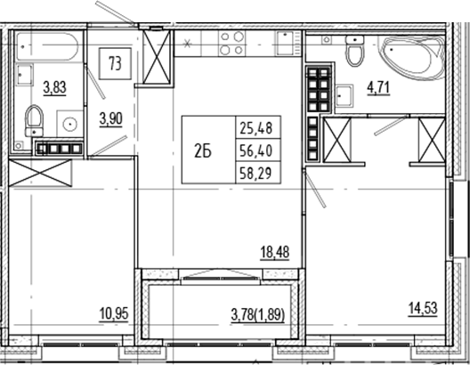 Планировка — Ranta Residence, 3-комн., 56 м²