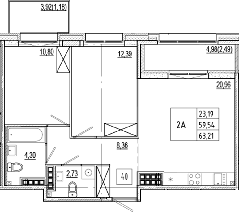 Планировка — Ranta Residence, 3-комн., 60 м²