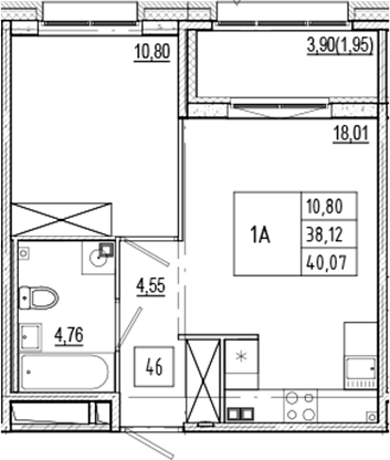Планировка — Ranta Residence, 2-комн., 38 м²