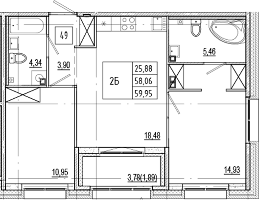 Планировка — Ranta Residence, 3-комн., 58 м²
