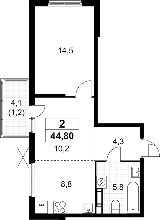Планировка — А101 Лаголово, 2-комн., 44 м²