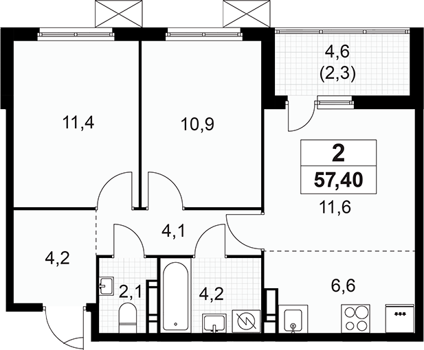 Планировка — А101 Лаголово, 3-комн., 55 м²