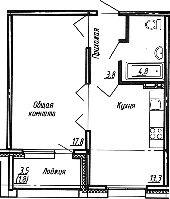 Планировка — Сибирь, 1-комн., 40 м²