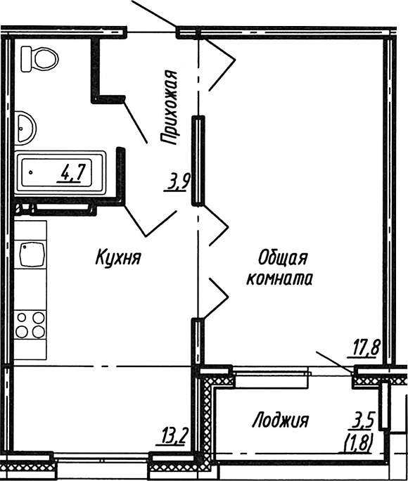 Планировка — Сибирь, 1-комн., 40 м²