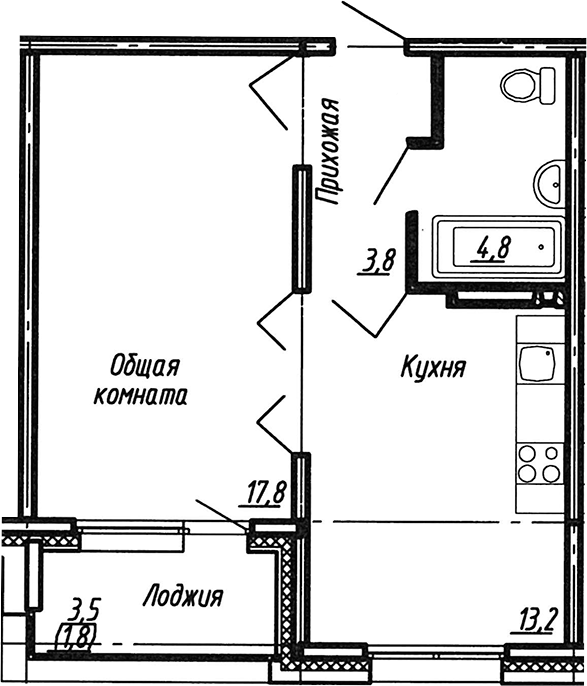 Планировка — Сибирь, 1-комн., 40 м²