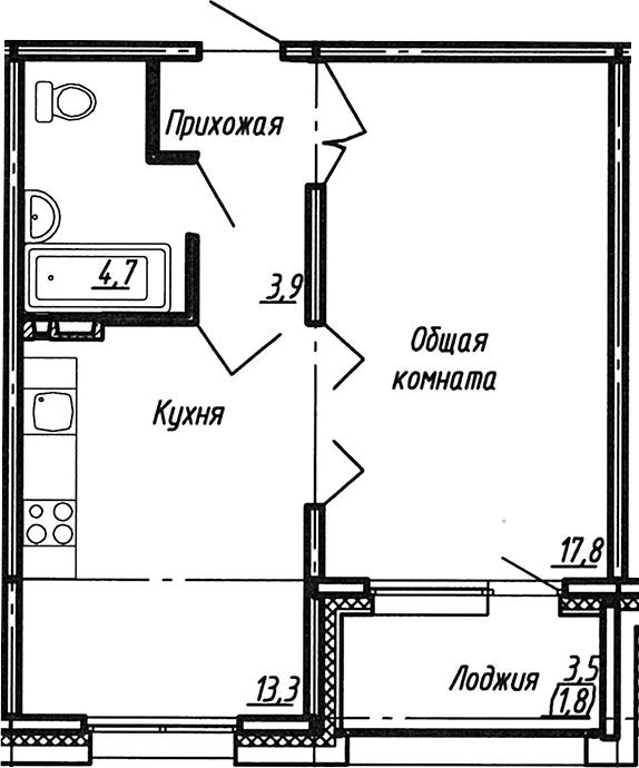 Планировка — Сибирь, 1-комн., 40 м²