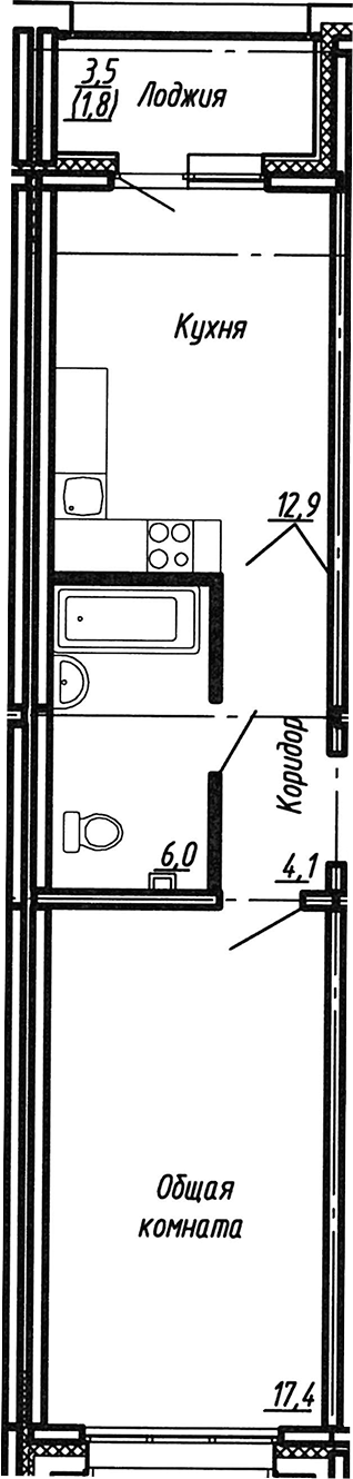 Планировка — Сибирь, 1-комн., 43 м²