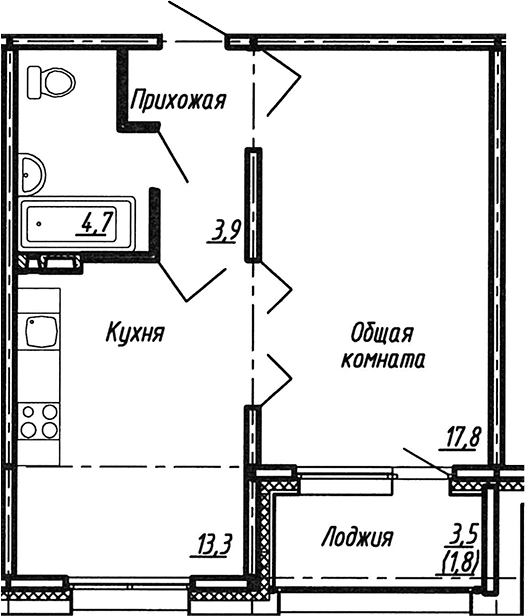 Планировка — Сибирь, 1-комн., 40 м²