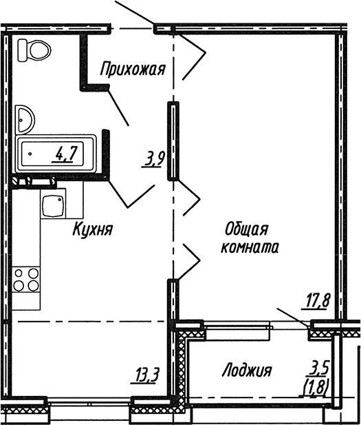Планировка — Сибирь, 1-комн., 40 м²