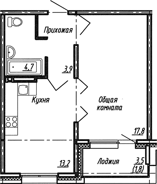 Планировка — Сибирь, 1-комн., 40 м²