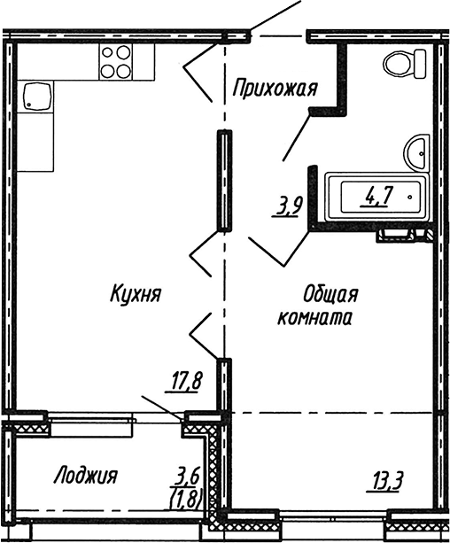 Планировка — Сибирь, 1-комн., 40 м²