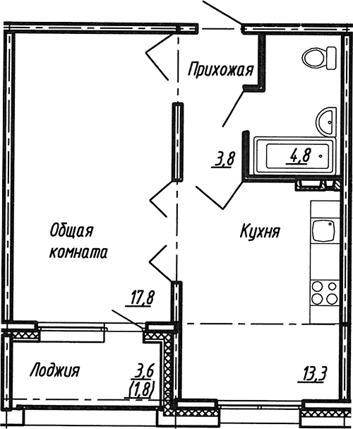 Планировка — Сибирь, 1-комн., 40 м²