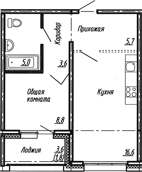 Планировка — Сибирь, 2-комн., 40 м²