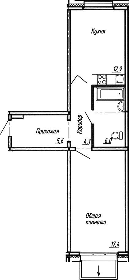 Планировка — Сибирь, 1-комн., 46 м²