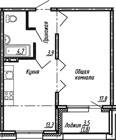 Планировка — Сибирь, 1-комн., 40 м²