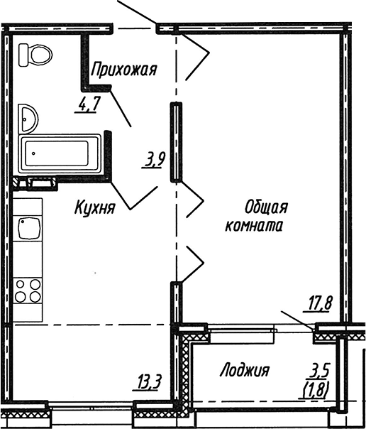 Планировка — Сибирь, 1-комн., 40 м²