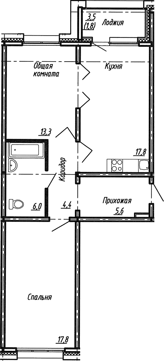 Планировка — Сибирь, 3-комн., 65 м²