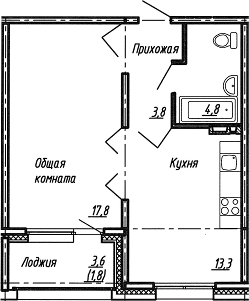 Планировка — Сибирь, 1-комн., 40 м²