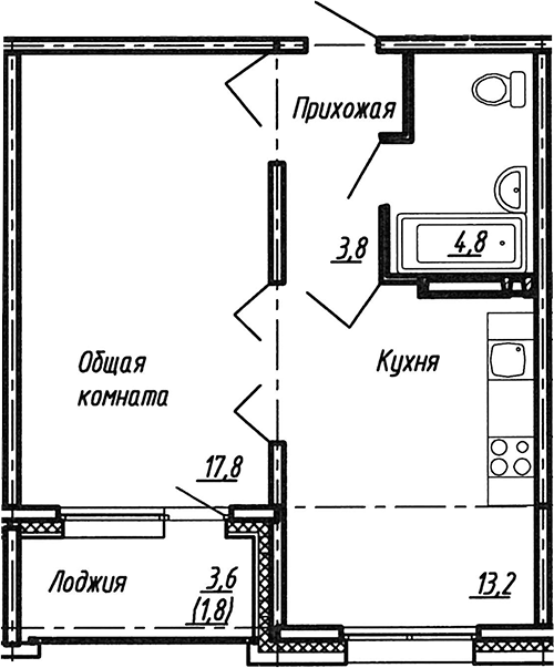 Планировка — Сибирь, 1-комн., 40 м²