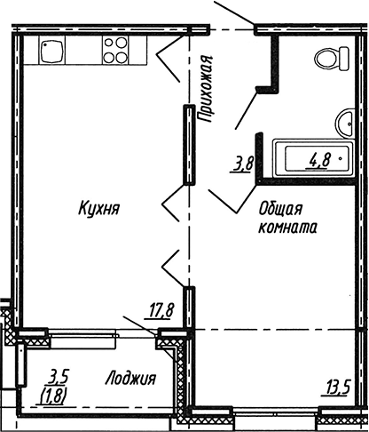 Планировка — Сибирь, 2-комн., 40 м²