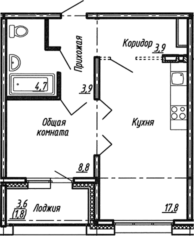 Планировка — Сибирь, 2-комн., 39 м²