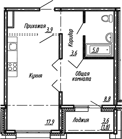 Планировка — Сибирь, 2-комн., 39 м²