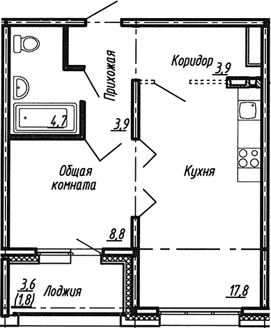 Планировка — Сибирь, 2-комн., 39 м²