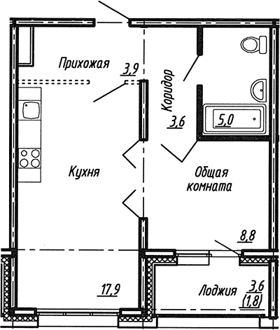 Планировка — Сибирь, 2-комн., 39 м²
