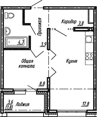 Планировка — Сибирь, 2-комн., 39 м²