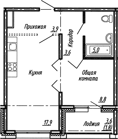 Планировка — Сибирь, 2-комн., 39 м²
