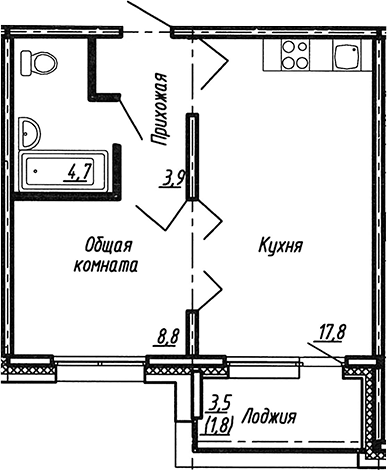 Планировка — Сибирь, 2-комн., 35 м²