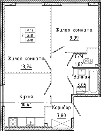 Планировка — Аквилон Янино, 2-комн., 47 м²