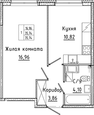 Планировка — Аквилон Янино, 1-комн., 36 м²